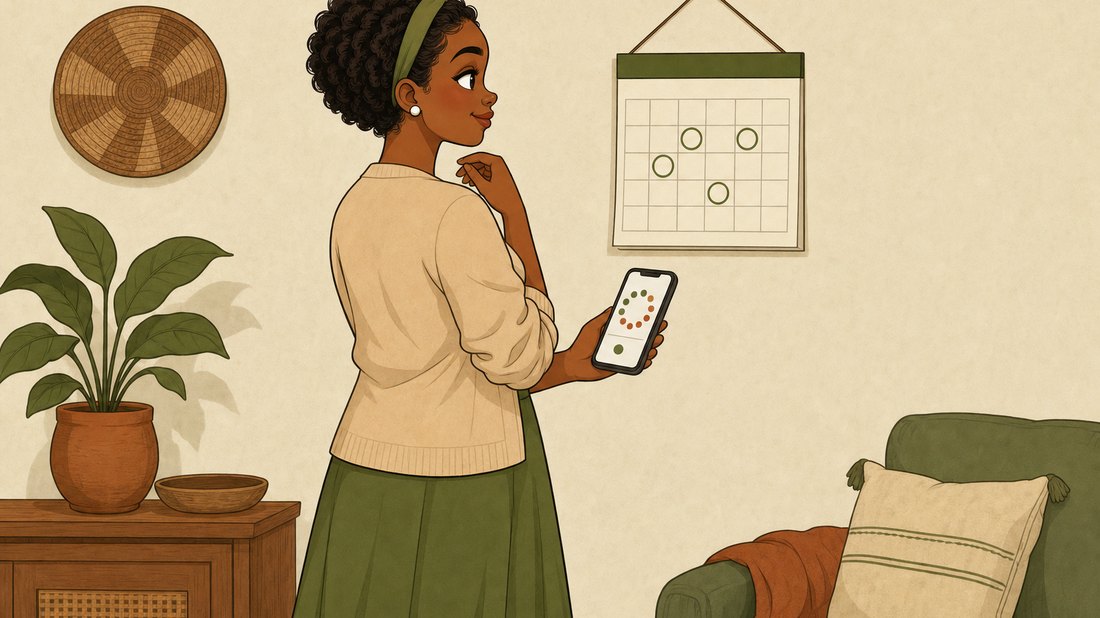 Illustration of Amaka looking at a calendar and her cycle app