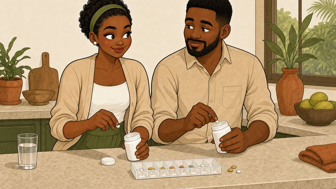 Illustration of a couple at the kitchen counter sorting their tablets into a weekly pill box
