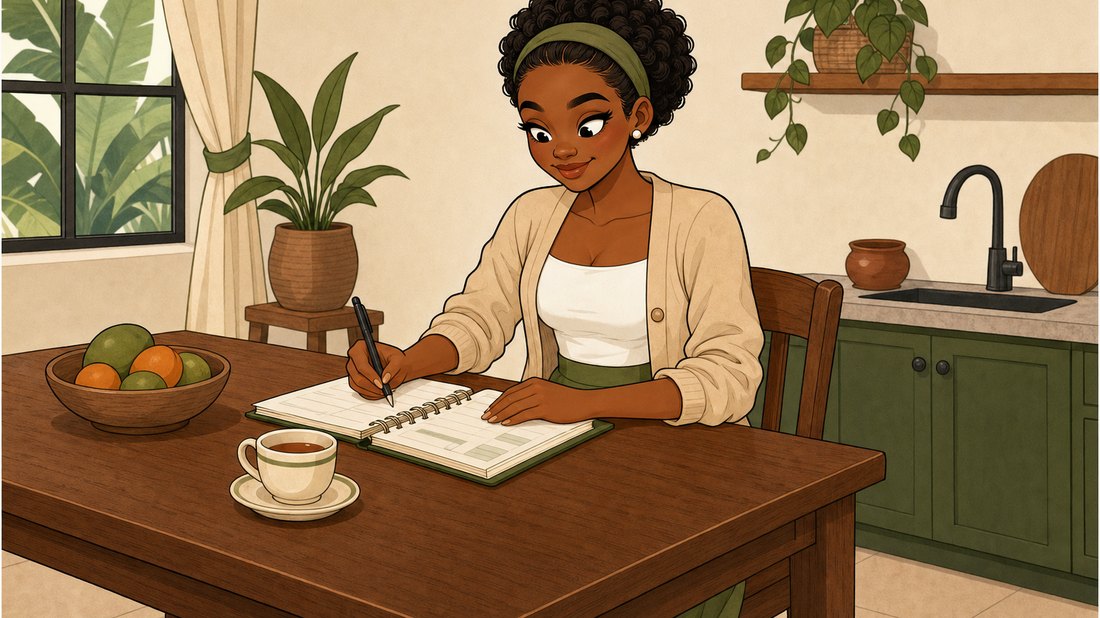 Illustration of Amaka reading a planner at the kitchen table