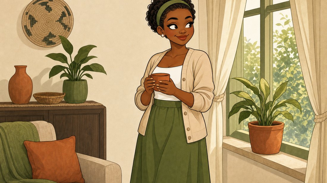 Illustration of Amaka by a sunny window with a cup of tea