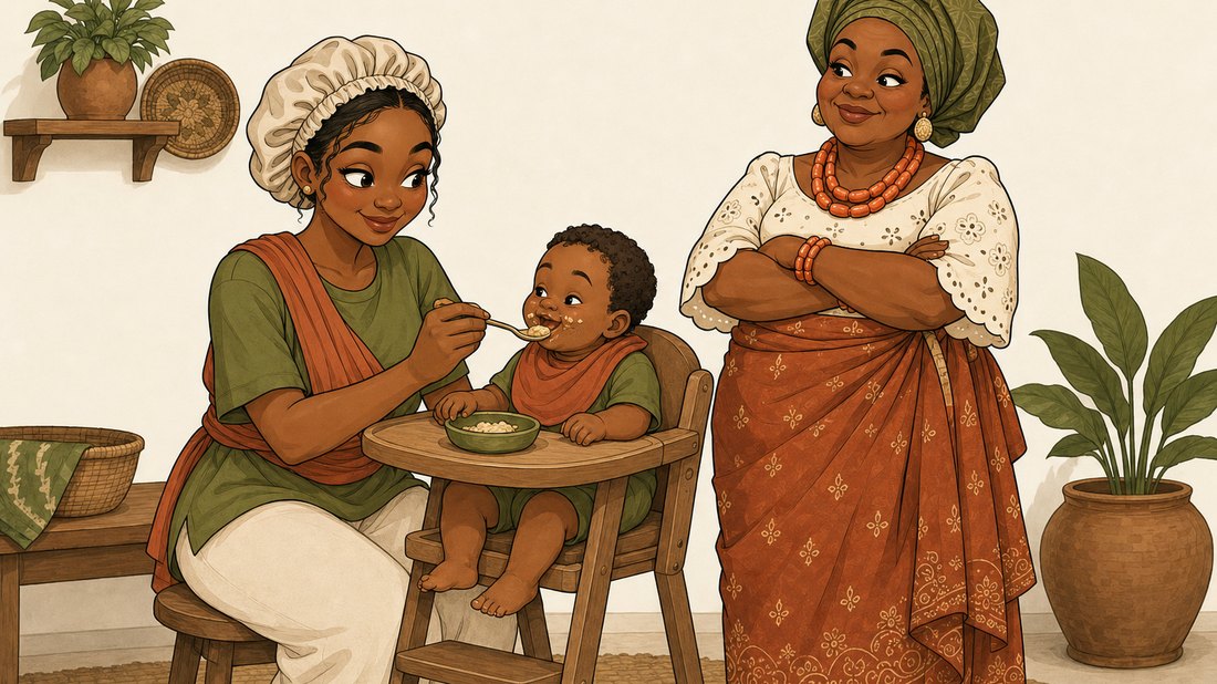 Illustration of Funmi feeding the baby while Mama Ngozi gives advice