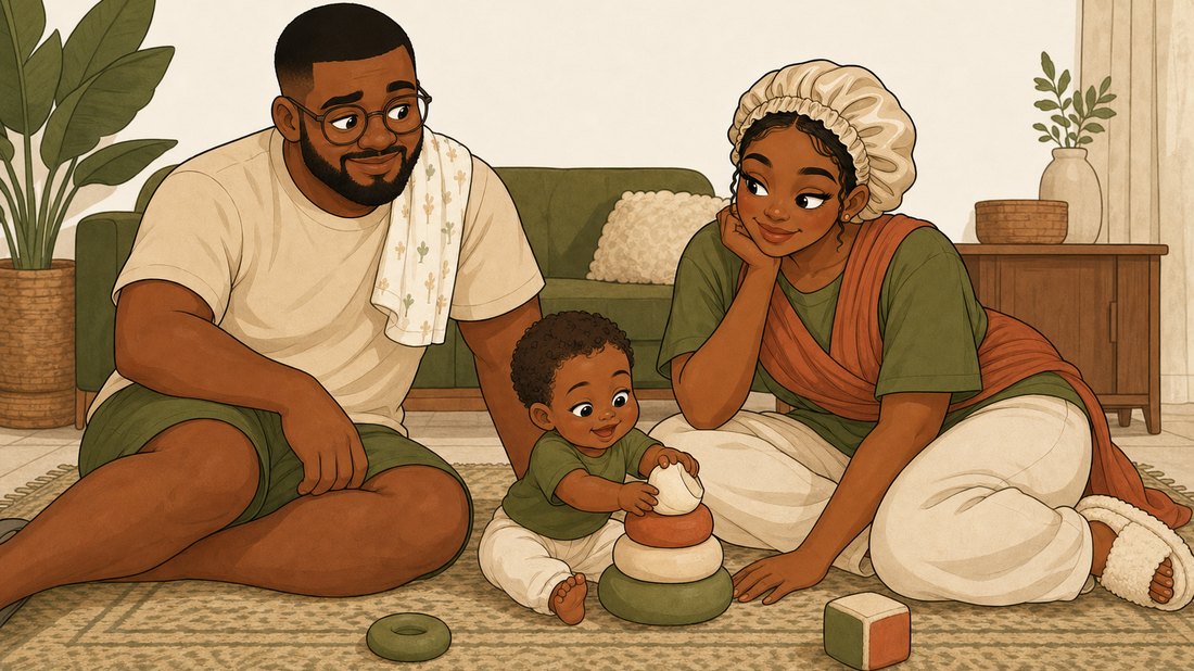 Illustration of Funmi and Tunde watching their baby play on the sitting room floor
