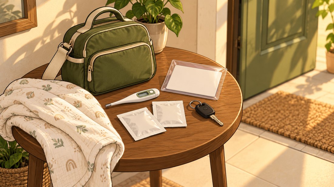 Illustration of a thermometer, ORS sachets, a clinic card and a baby bag on a table by the front door