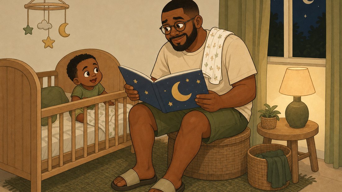 Illustration of Tunde reading a bedtime story to the baby