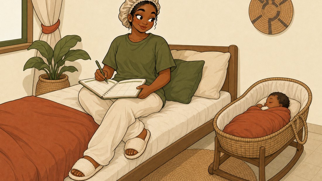 Illustration of Funmi with a week planner and her baby asleep nearby