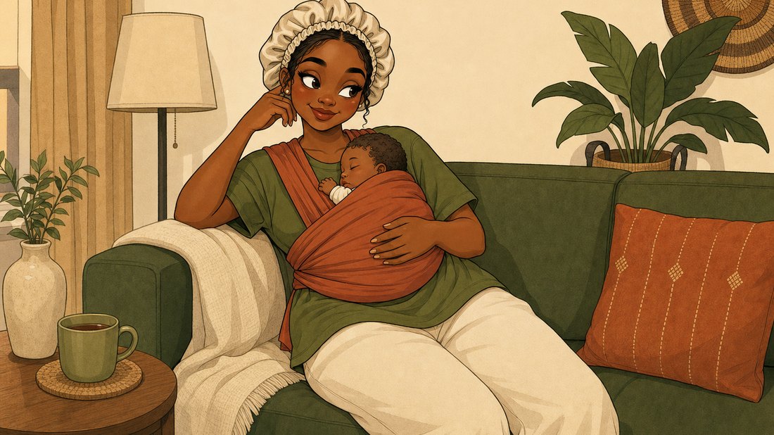 Illustration of Funmi on the sofa with her baby asleep in a wrap