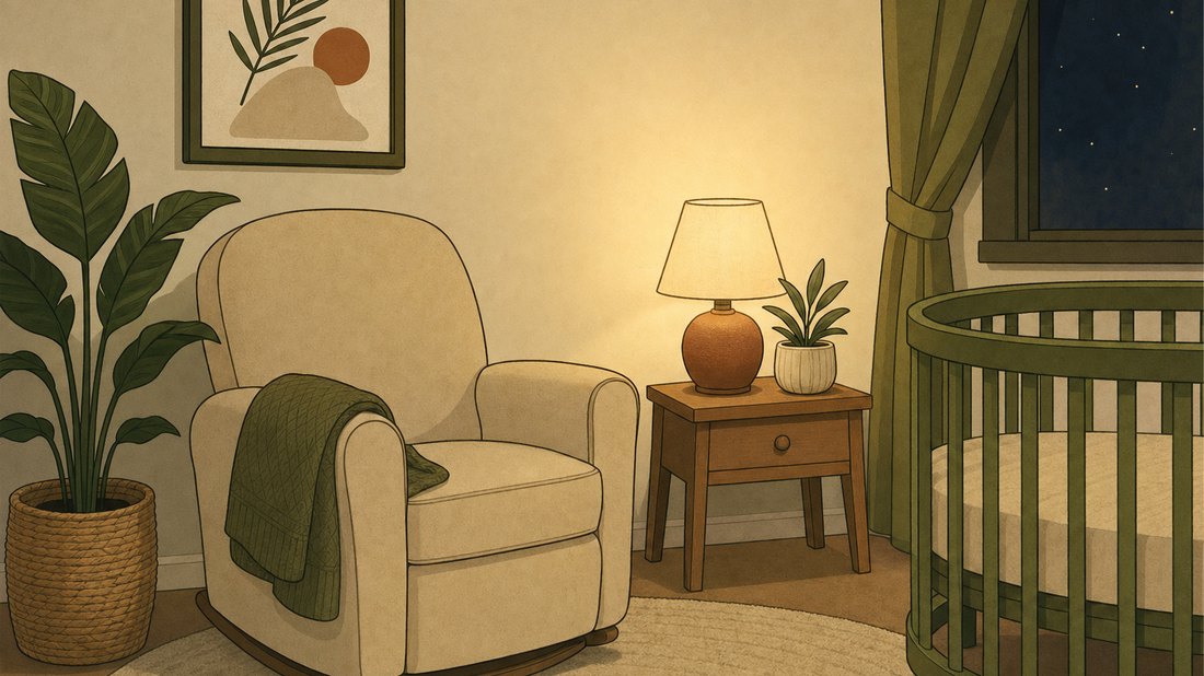 Illustration of an empty baby cot beside a nursing chair and a lamp at night