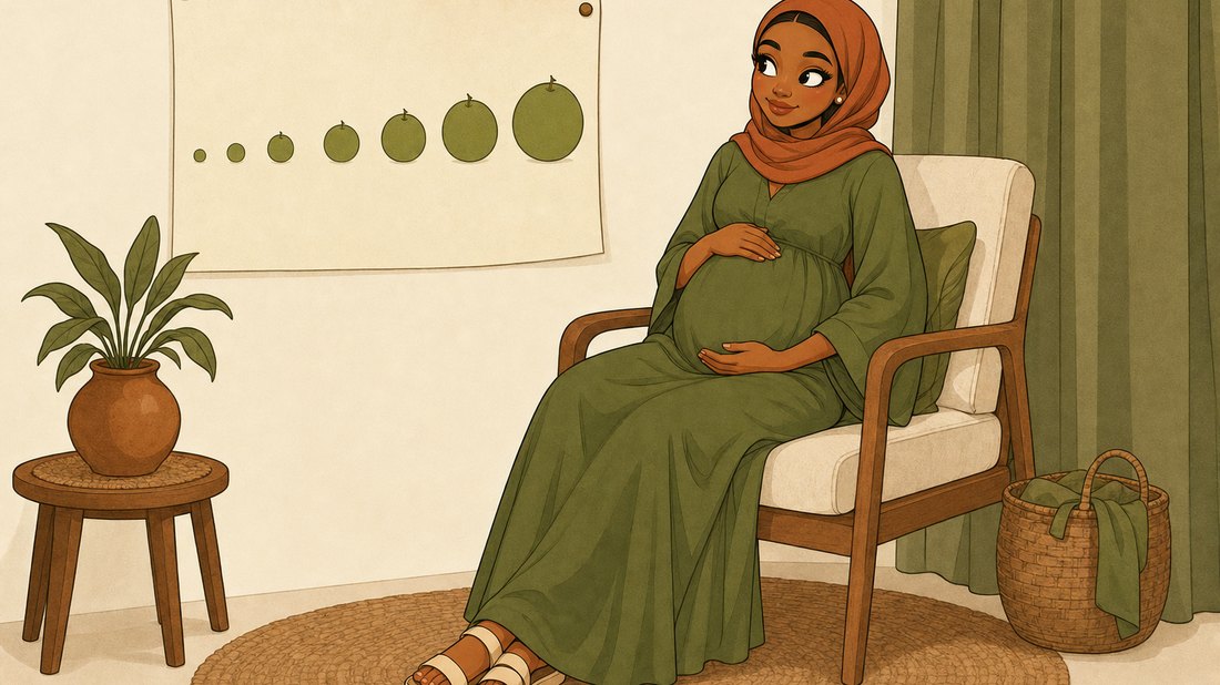 Illustration of Zainab, pregnant, looking at a week-by-week chart