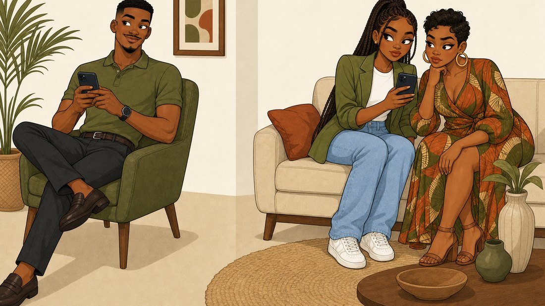 Illustration of Femi typing a message while Tolu and Kemi read it together