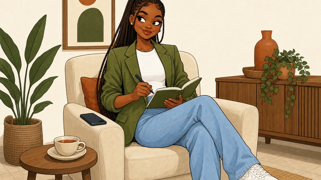 Illustration of Tolu writing her list in a journal, giving her phone a side-eye