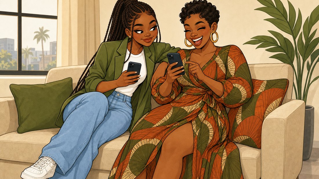 Illustration of two friends, Tolu and Kemi, laughing at a message on a sofa