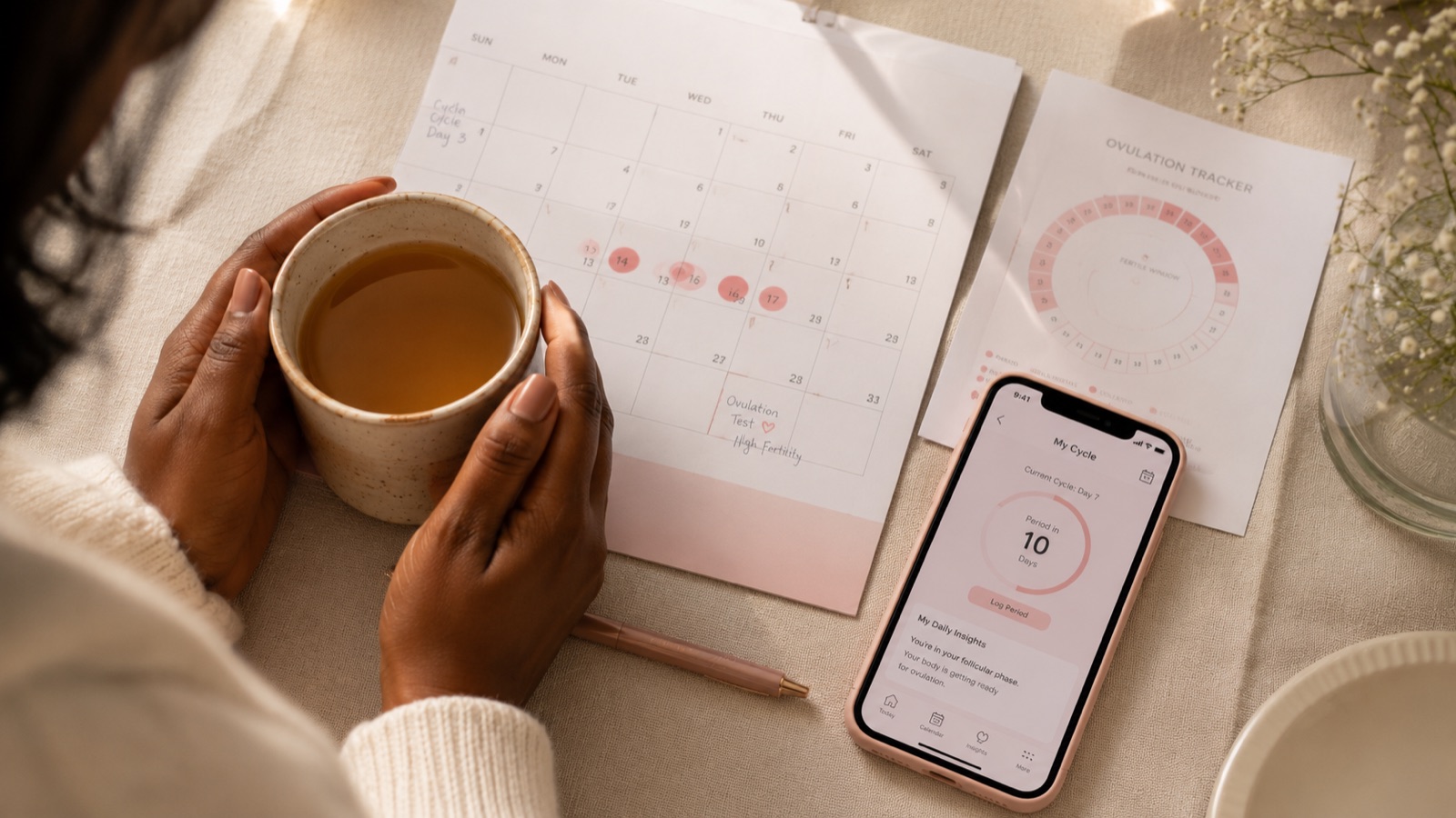 A calendar, ovulation tracker, and phone app laid out in a cozy home for tracking a cycle and fertile window