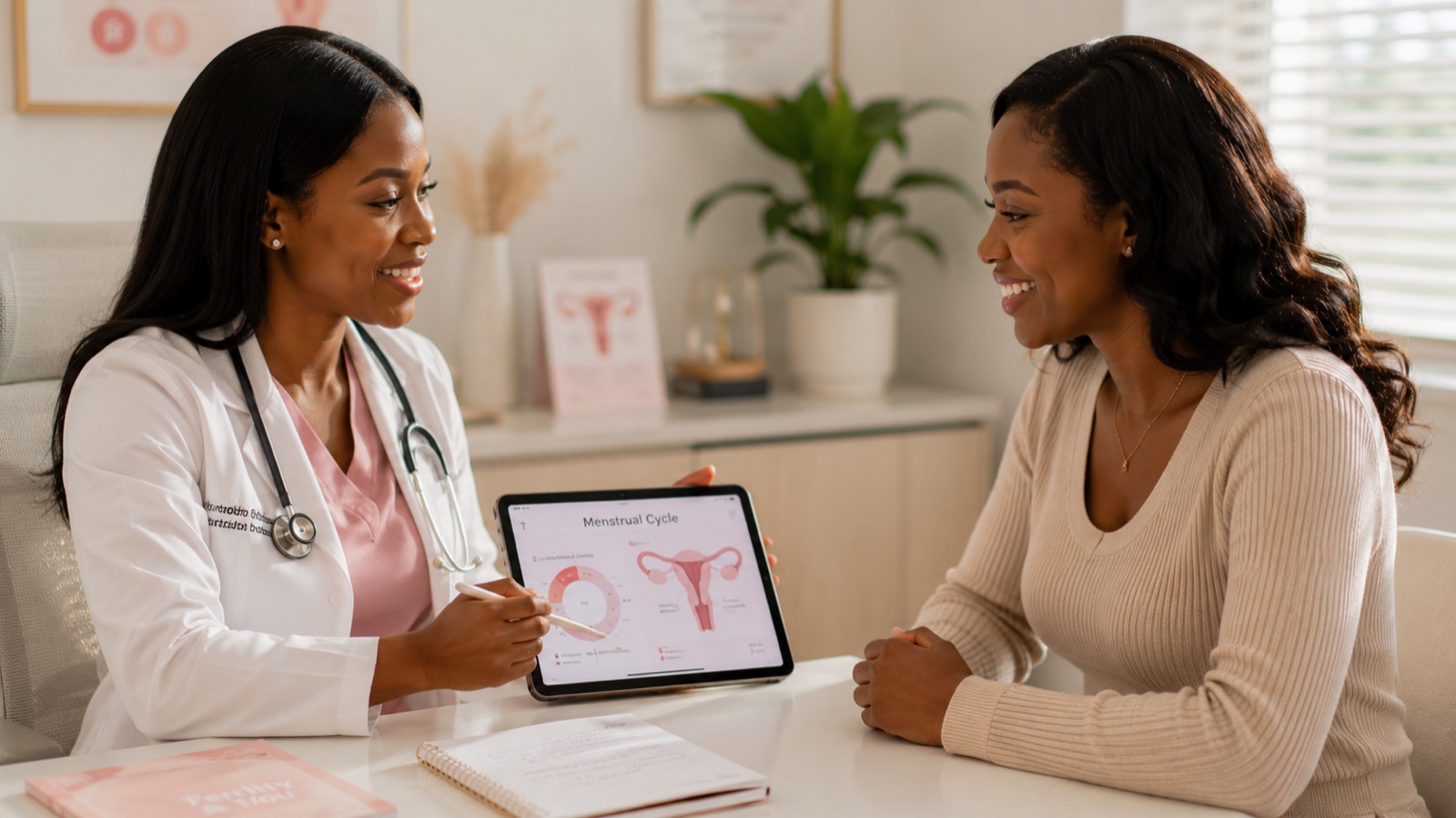A woman talking with a doctor who is showing her a chart of the menstrual cycle during a consultation