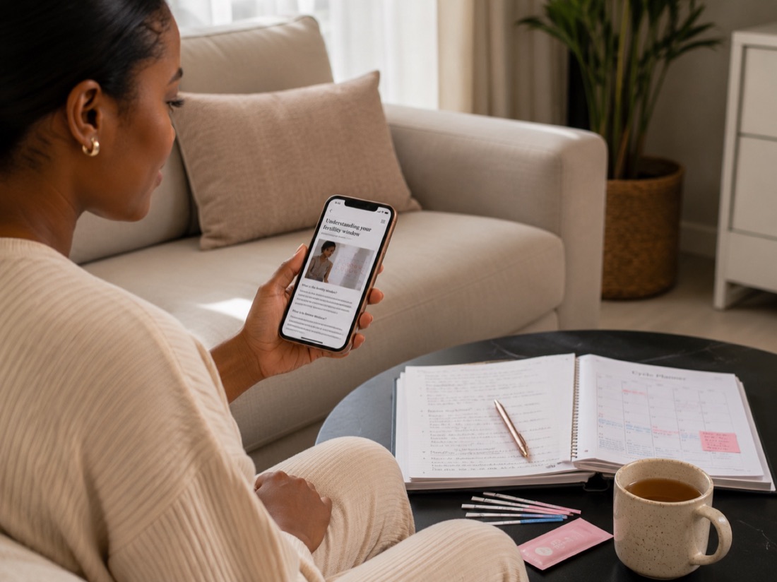 A woman at home planning around fertility with a notebook and calendar