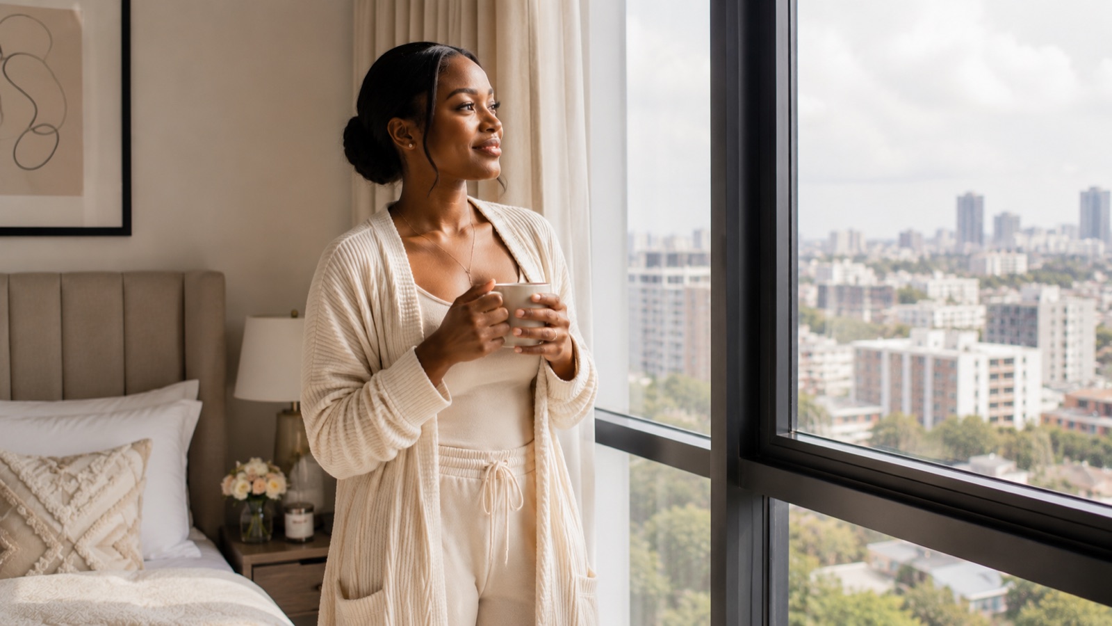 A woman standing by a sunlit window with a warm drink, taking a calm, hopeful moment to herself in the morning