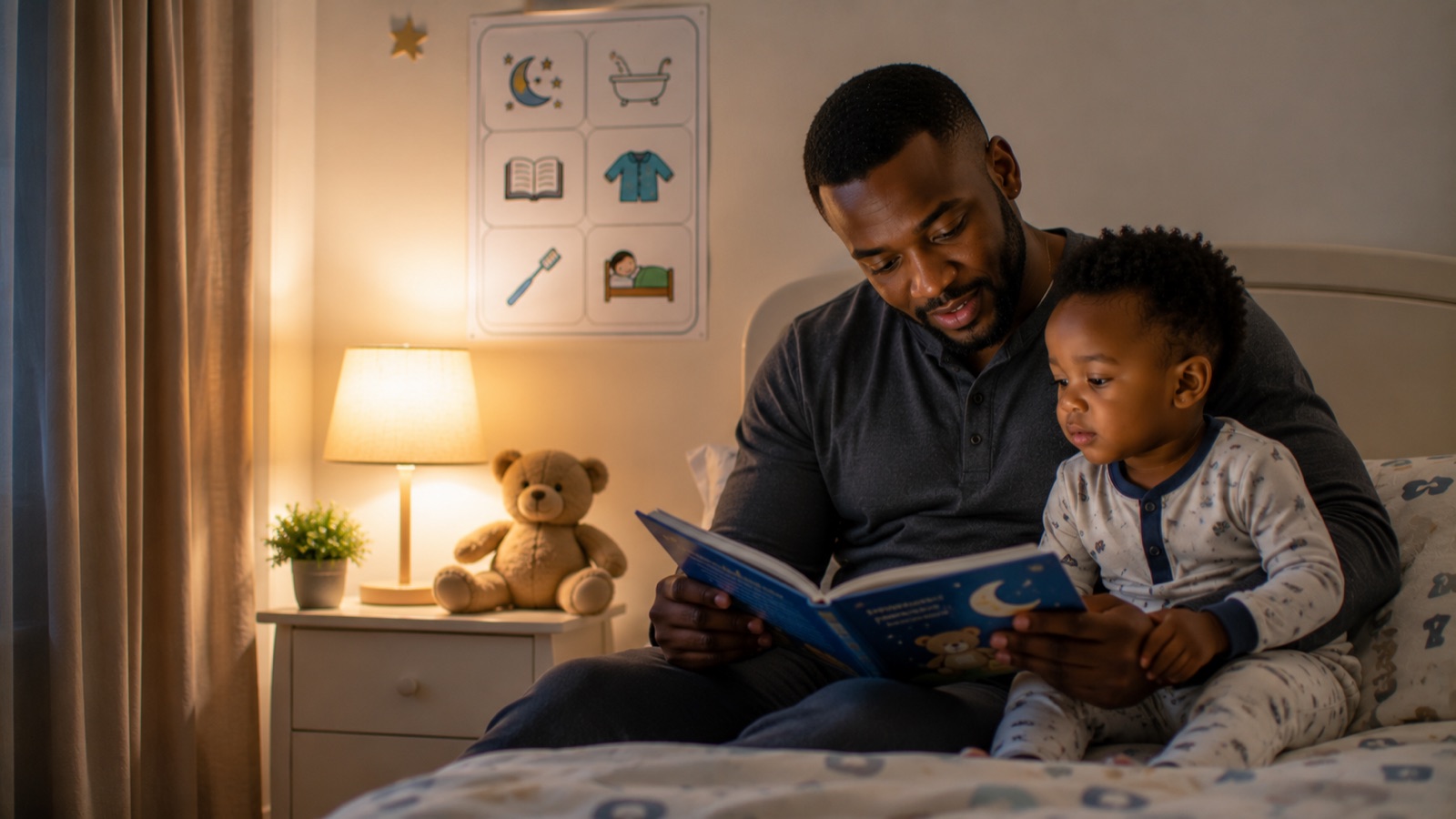 A father reading a bedtime story to his child as part of the evening routine