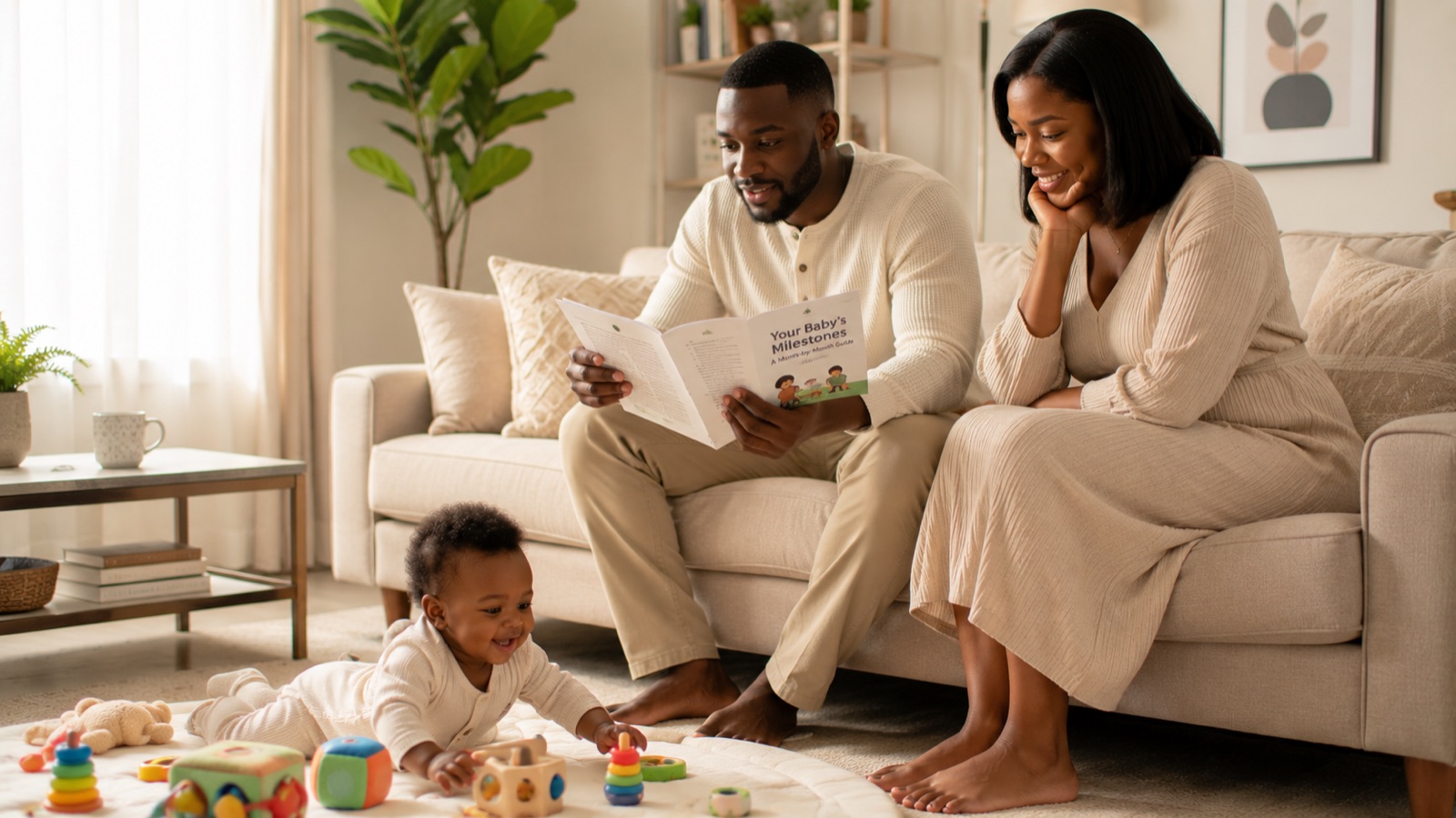 A mother and father sitting together watching their child play