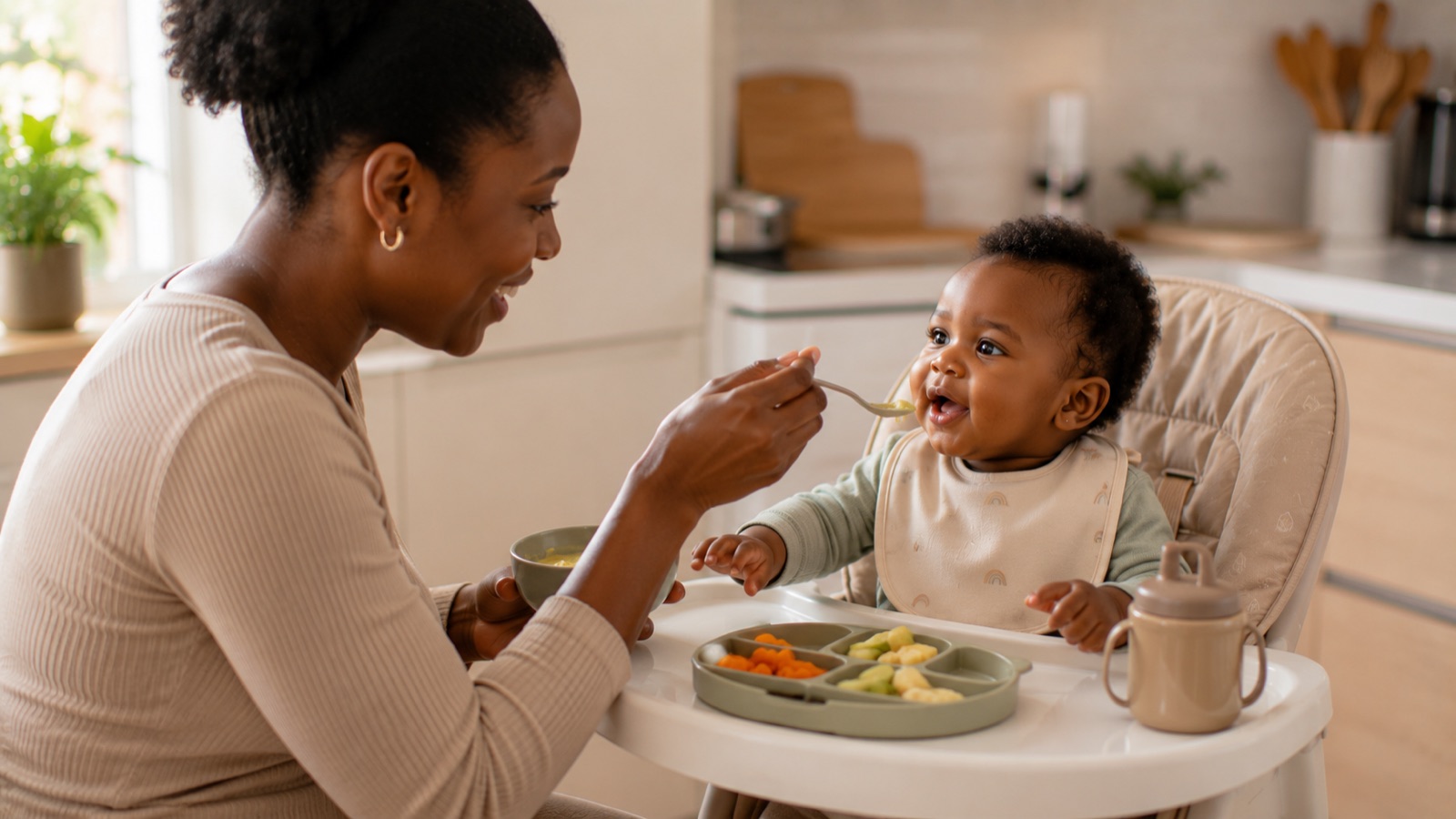 A mother feeding her baby in a high chair while starting solid foods