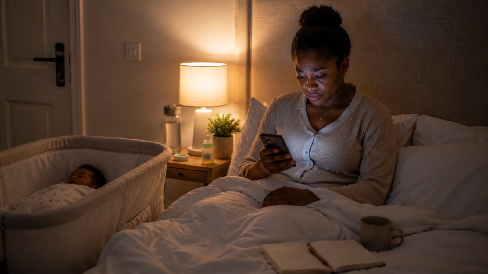 A tired mother on her phone late at night, searching for answers about her baby
