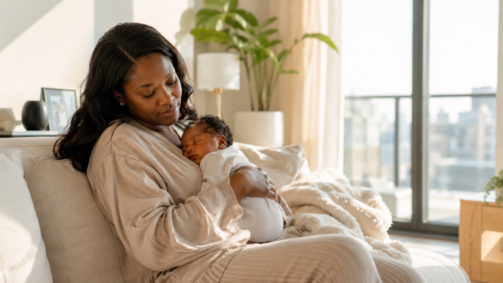 A mother holding her sleeping newborn in a calm, cosy moment