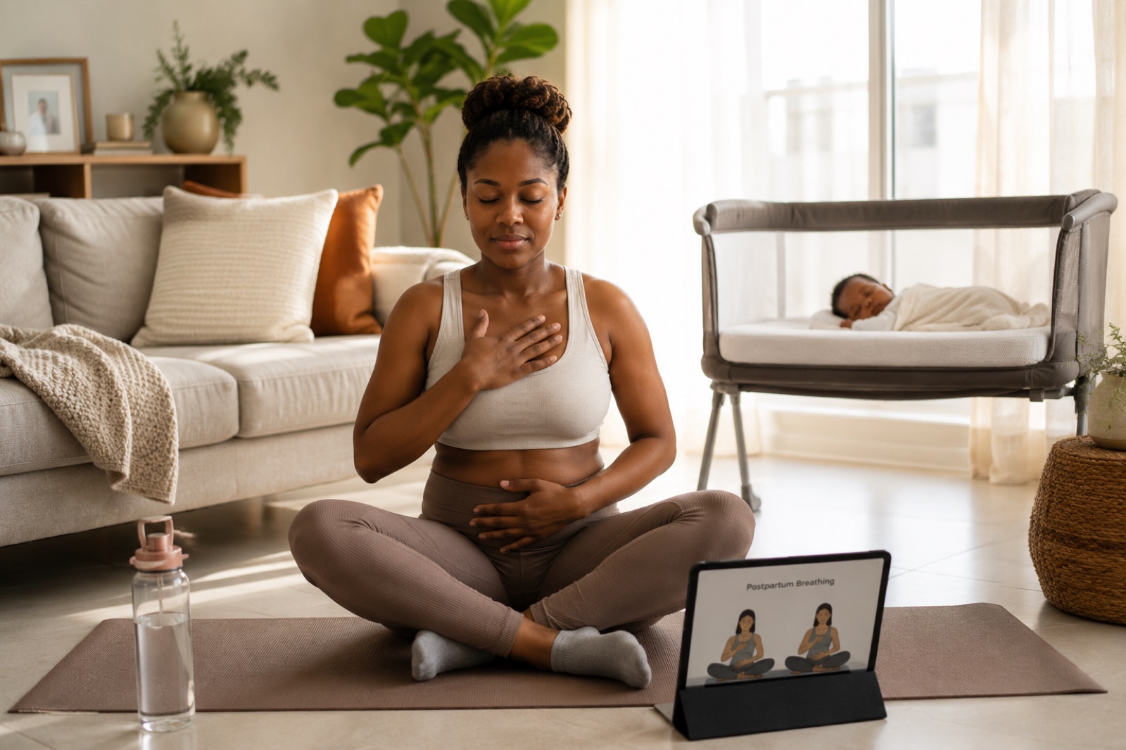 A new mum doing gentle breathing exercises in a cosy living room