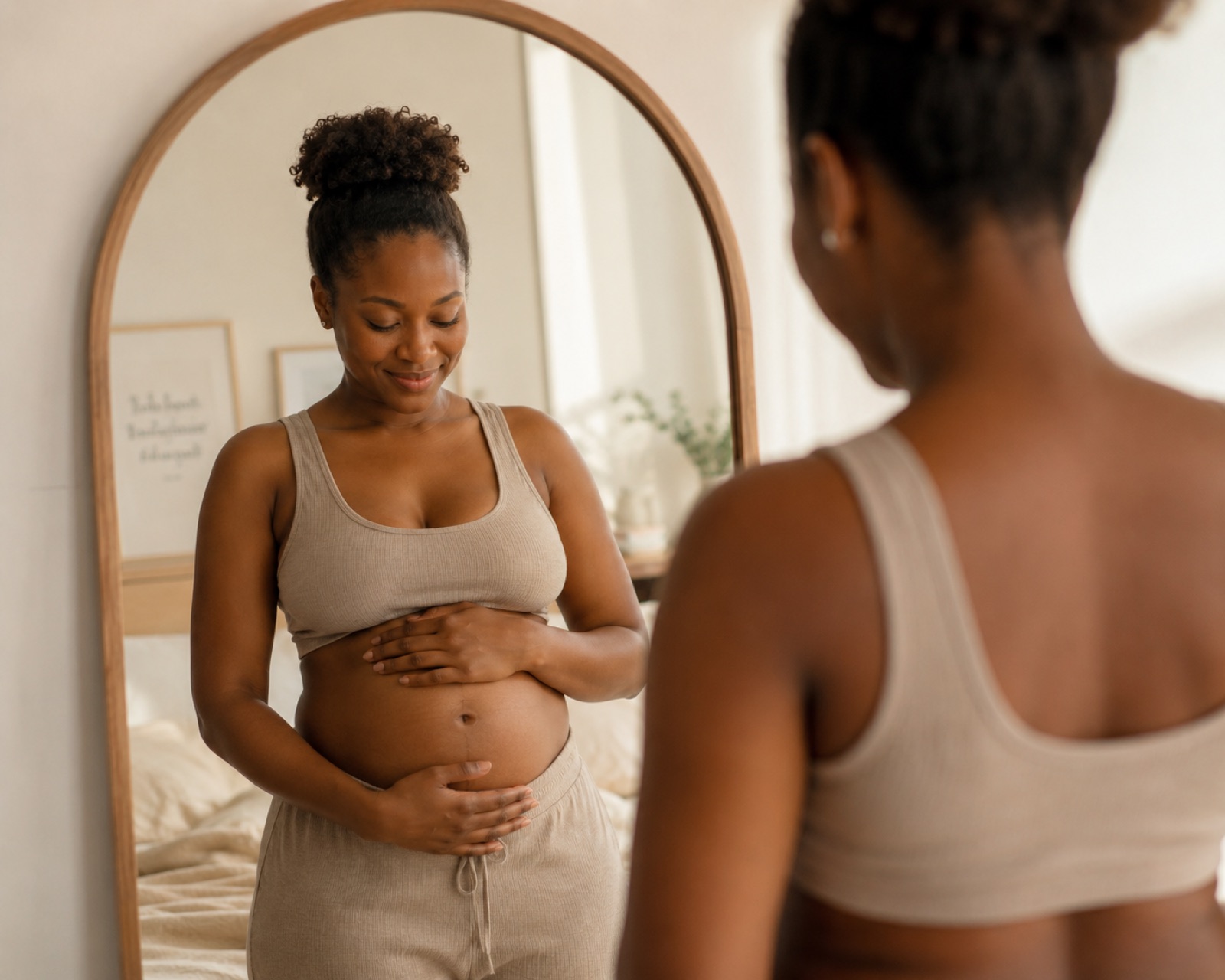 A woman gently looking at her postpartum belly in the mirror