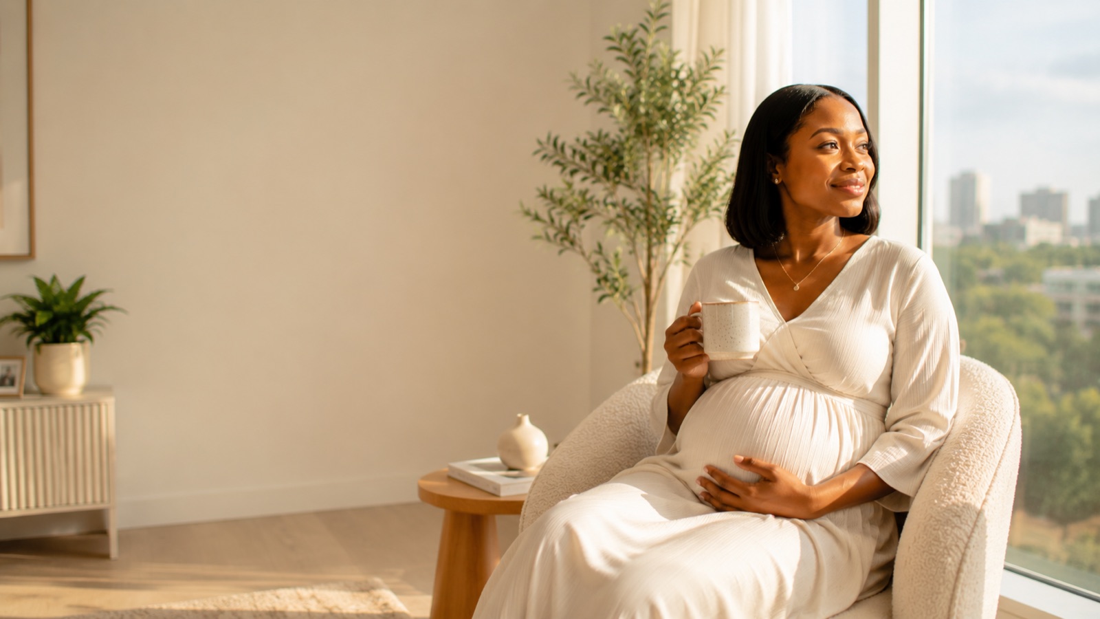 Calm pregnant woman holding her belly in a cozy space with a warm drink