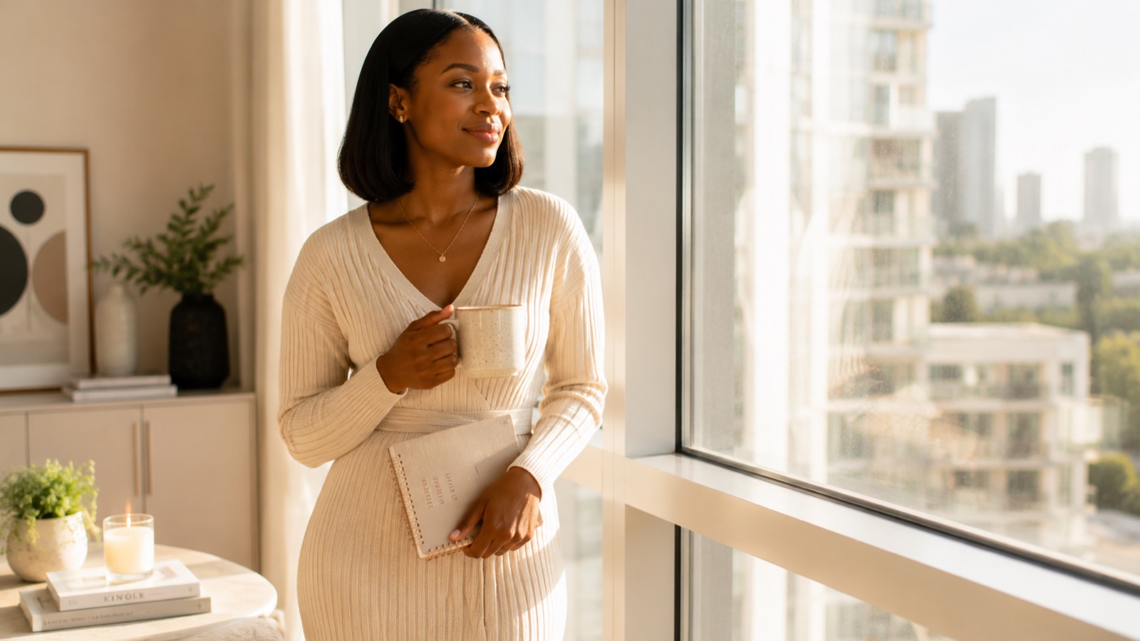 A woman relaxing calmly and content on her own in a sunlit apartment