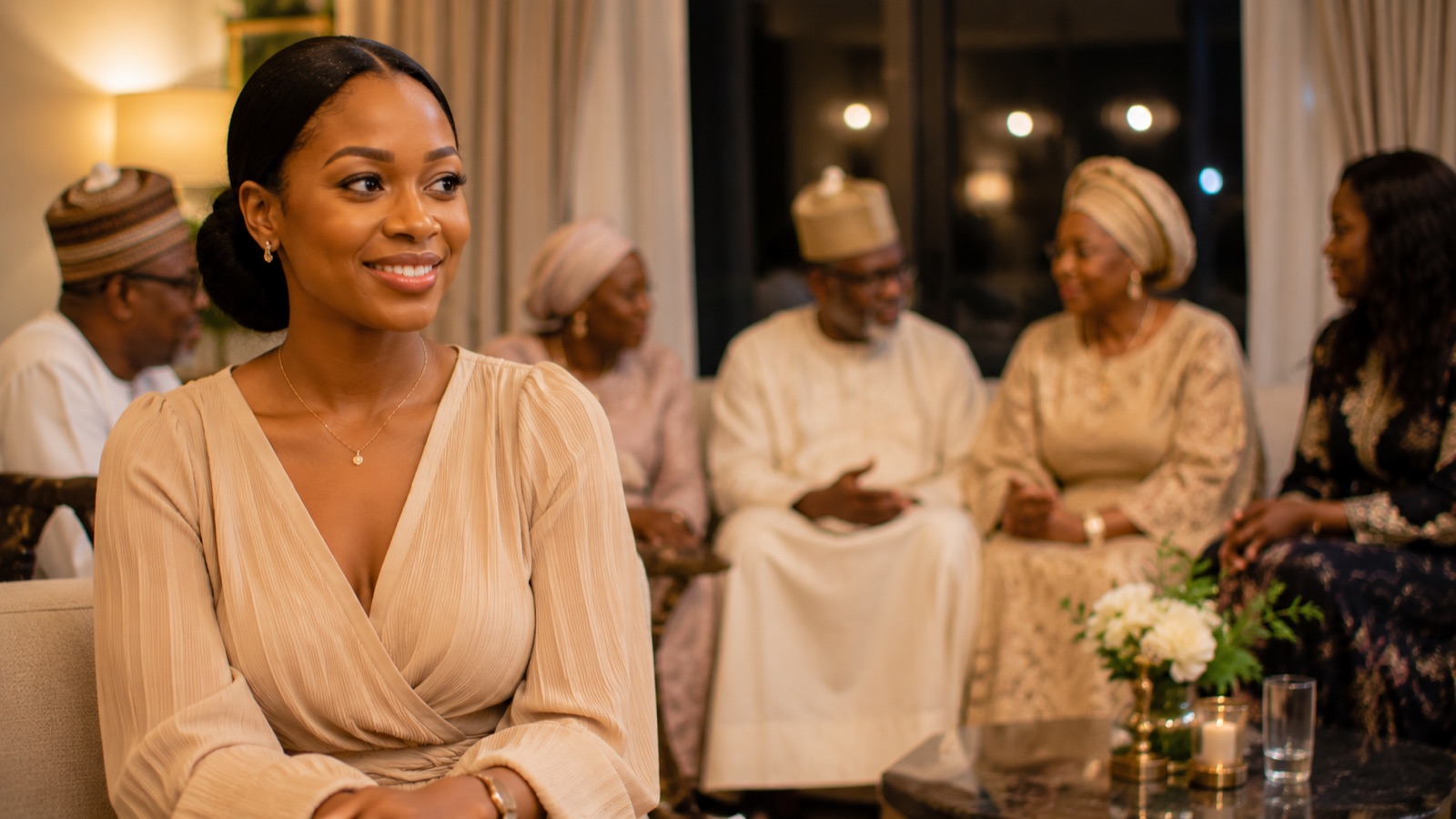 A woman among relatives at a warm family gathering
