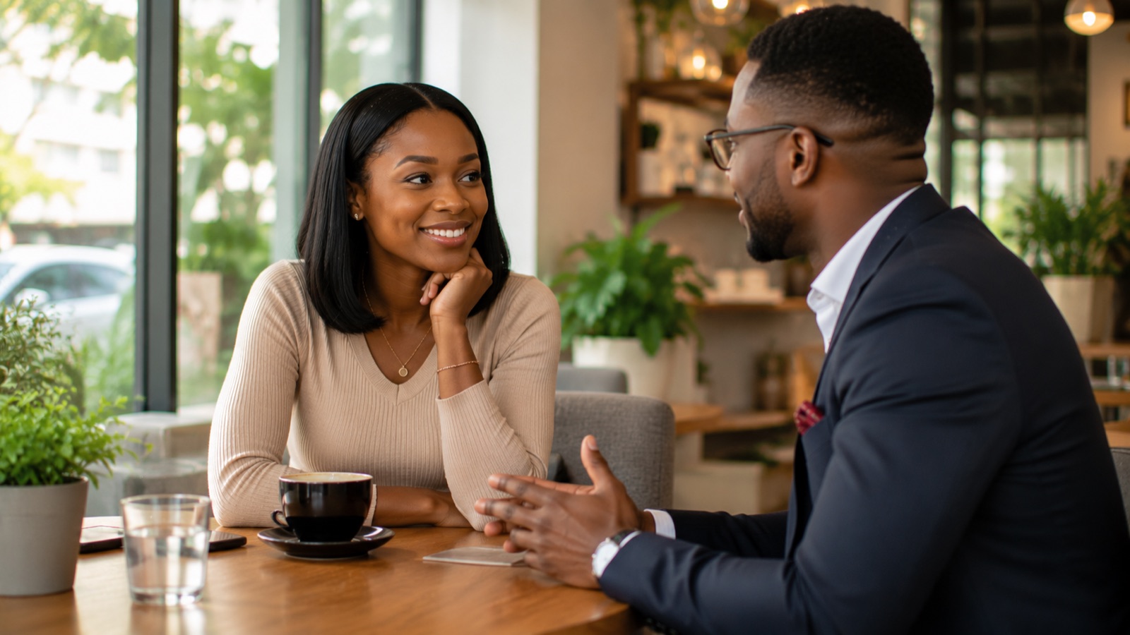 A woman and a man talking over coffee at a cafe on a date