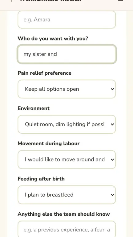 Birth Plan Builder in use