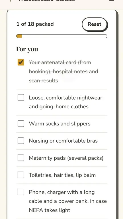 Hospital Bag Checklist in use